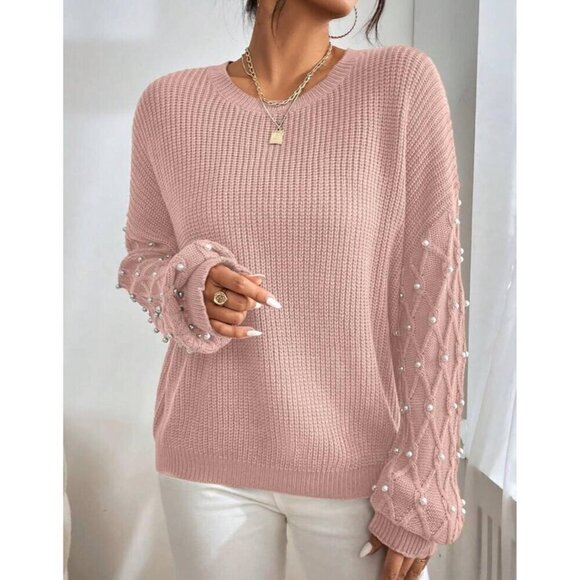 Casual Pink Pearl Round Neck Drop Shoulder - Picture 3 of 6